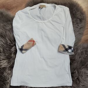 Burberry White 3/4 Sleeve Top with Checkered Cuffs Size S